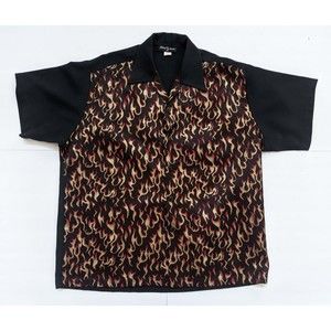 Vintage Johnny Suede Shirt Men's black 2XL flames Casual Button Up short sleeve